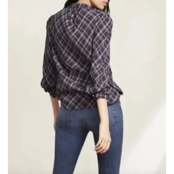 Veronica Beard Sz 4 Ashlynn Plaid Button Up Blouse Navy Blue Pearl Snap Academia - Picture 5 of 11